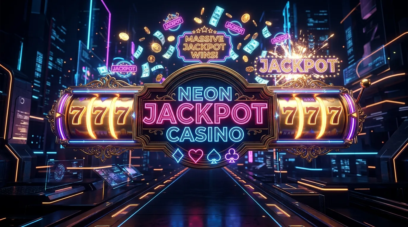 Glowing cyber casino slot and card elements banner
